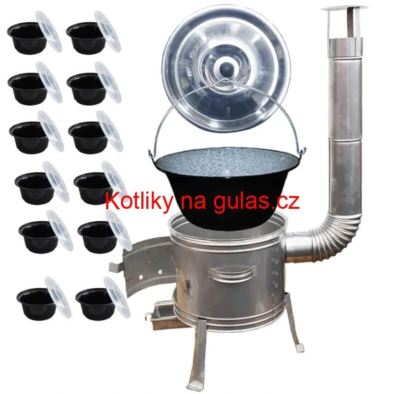Smaltovaný kotlík 22 L + Nerezová kotlina 42 INOX + misky 12 ks
