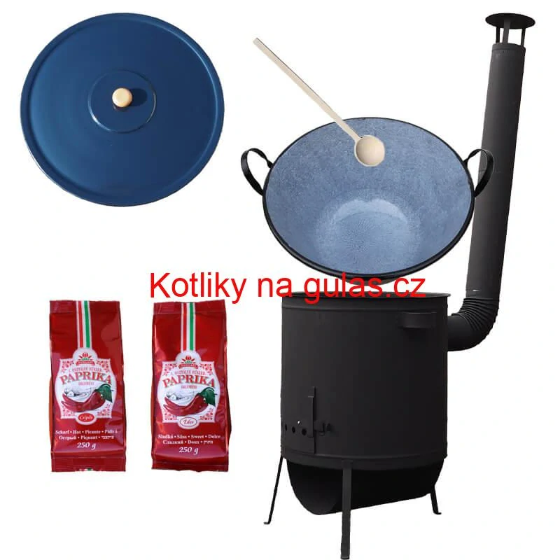 Smaltovaný kotel 70 L na zabijačku + žáruvzdorná kotlina 53 PLUS 600 4 MM + sladká a pálivá (2 x 250 g) + vařečka