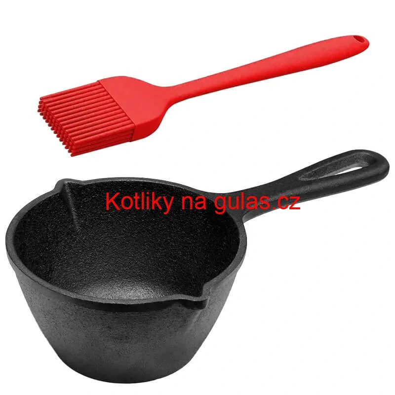 Litinový rendlík (kastrol) 0,5 l + silikonová mášlovačka