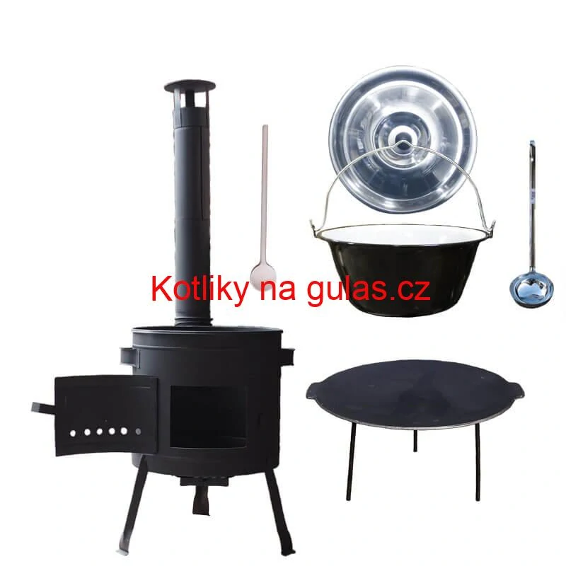 Smaltovaný kotlík 30 L + litinová pánev 45 cm + nízká žáruvzdorná kotlina 42 cm PLUS 600