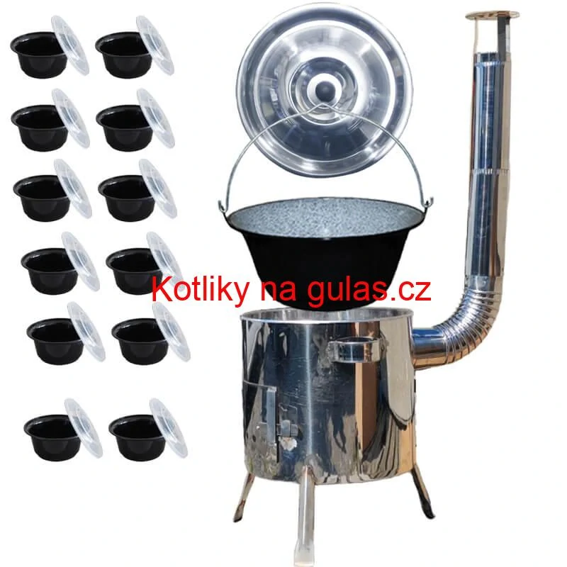 Smaltovaný kotlík 13 L + nerezová kotlina 36 INOX LUSTRO + misky 12 ks