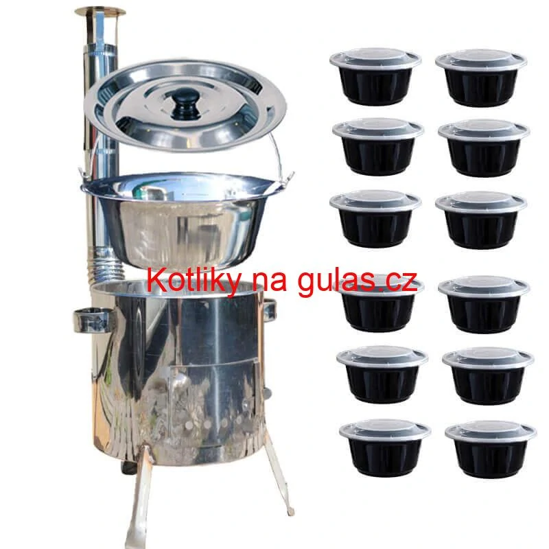 Nerezový kotlík 14 L (0,8 mm) INOX + Nerezová kotlina 36 INOX LUSTRO + misky 12 ks