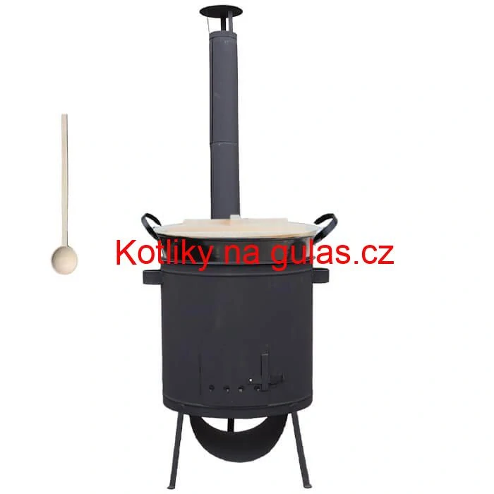 Zabijačkový smaltovaný kotel 100 L, žáruvzdorná kotlina 42 PLUS 600 4 MM, dřevěná poklice + vařečka
