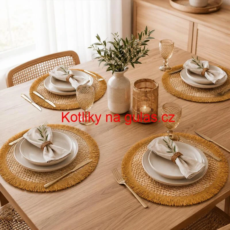 Kulaté přírodní podložky pod talíř se třásněmi 37 cm, 4 ks