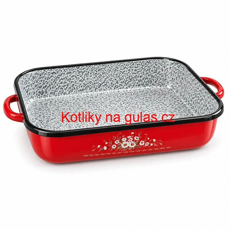 Červený smaltovaný pekáč s bočními úchyty a květinovým motivem