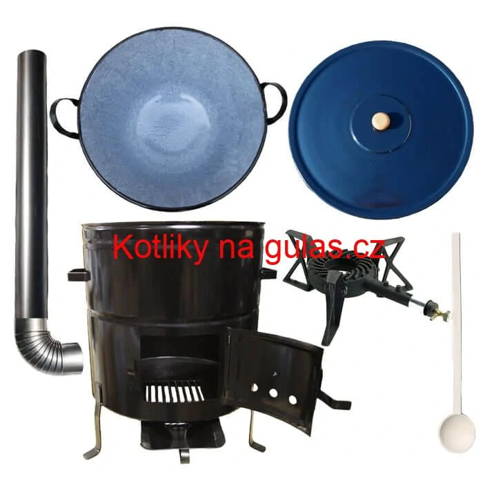 Zabijačkový smaltovaný kotel 60 L + kovová kotlina 53 cm + hořák 7 kW + kouřovod