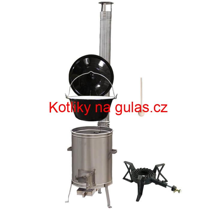 Smaltovaný kotlík 13 L (1,2 mm) + nerezová kotlina 36 cm + litinový hořák 7 kW, vařečka LUX