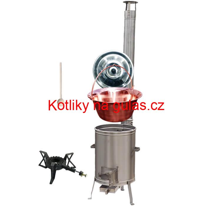 Měděný kotlík 14 L (1,2 mm) + nerezová kotlina 36 cm + litinový hořák 7 kW, vařečka LUX