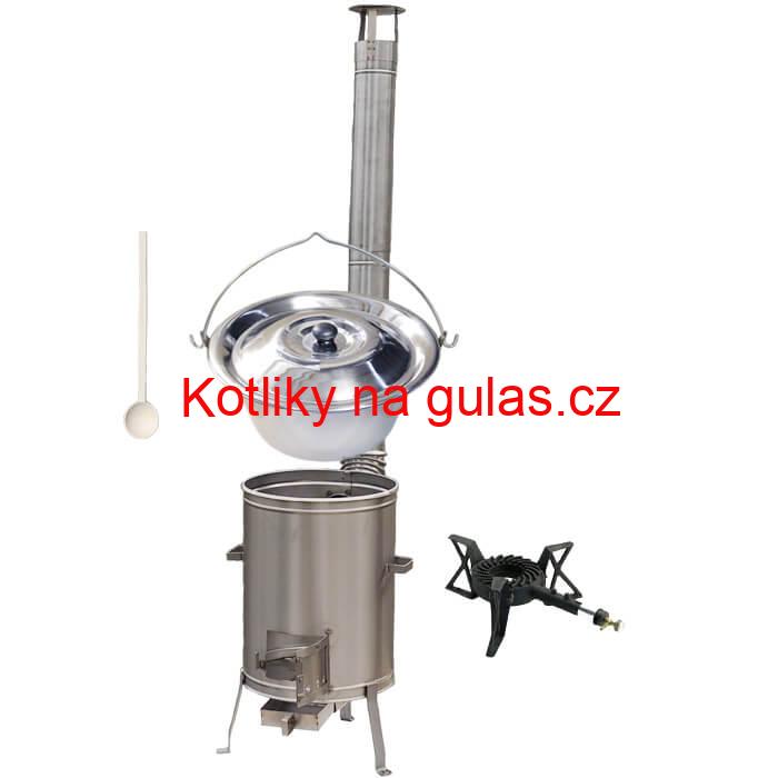 Nerezový kotlík 14 L (0,8 mm) + nerezová kotlina 36 cm + litinový hořák 7 kW, vařečka LUX