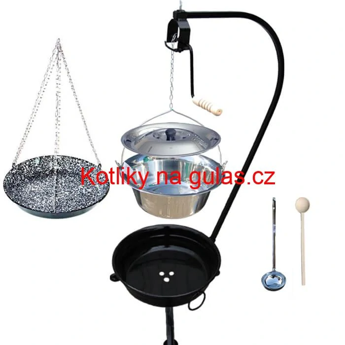 Nerezový kotlík 10 L (0,8 mm) INOX + smaltovaná pánev + ohniště se stojanem as pojistnou kladkou VAR