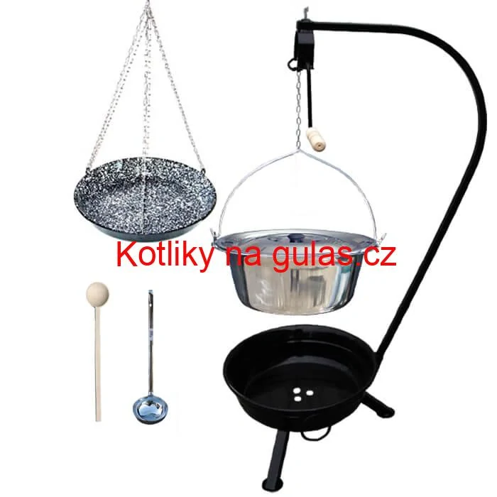 Nerezový kotlík 22 L (0,8 mm) INOX + smaltovaná pánev + ohniště se stojanem as pojistnou kladkou VAR