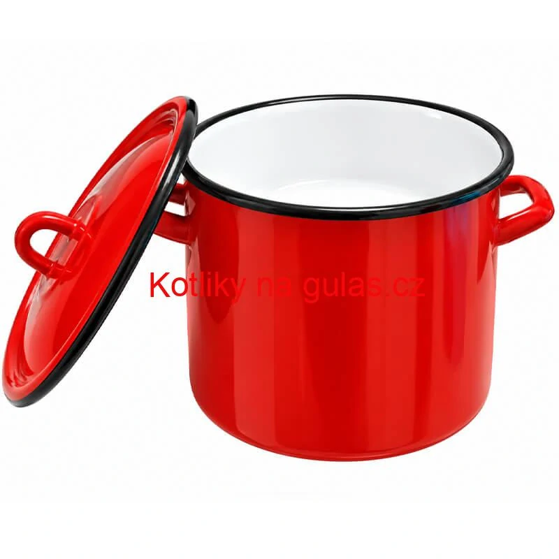 Červený smaltovaný hrnec FALCO s poklicí, boční pohled
